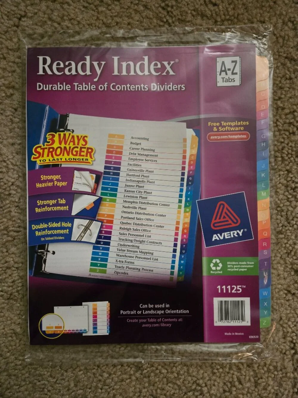 Avery Ready Index Customizable A-Z 26-Tab Table of Contents Multicolor Index Div